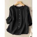 Lettuce Edge Crew Neck Solid Butto 3/4 Sleeve Blouse