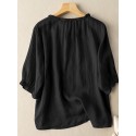 Lettuce Edge Crew Neck Solid Butto 3/4 Sleeve Blouse