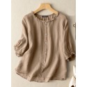 Lettuce Edge Crew Neck Solid Butto 3/4 Sleeve Blouse