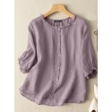 Lettuce Edge Crew Neck Solid Butto 3/4 Sleeve Blouse