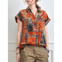 Abstract Painted Letter Plaid Short Sleeve Casual Blouse
