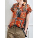 Abstract Painted Letter Plaid Short Sleeve Casual Blouse