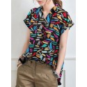 Abstract Painted Letter Plaid Short Sleeve Casual Blouse