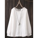 Women Long Sleeve Crew Neck Casual Solid Cotton Blouse