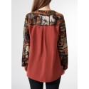 Abstract Pattern Contrast Button Long Sleeve Stand Collar Blouse