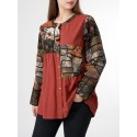 Abstract Pattern Contrast Button Long Sleeve Stand Collar Blouse