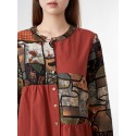 Abstract Pattern Contrast Button Long Sleeve Stand Collar Blouse