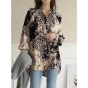 Leopard Button Split Long Sleeve V Neck Blouse