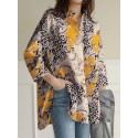 Leopard Button Split Long Sleeve V Neck Blouse