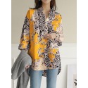 Leopard Button Split Long Sleeve V Neck Blouse
