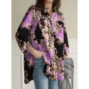 Leopard Button Split Long Sleeve V Neck Blouse