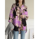Leopard Button Split Long Sleeve V Neck Blouse