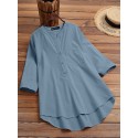 Solid Button Pocket High-Low Hem Casual Cotton Blouse