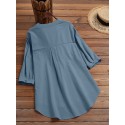 Solid Button Pocket High-Low Hem Casual Cotton Blouse