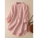 Solid Button Pocket High-Low Hem Casual Cotton Blouse