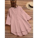 Solid Button Pocket High-Low Hem Casual Cotton Blouse