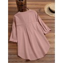 Solid Button Pocket High-Low Hem Casual Cotton Blouse