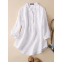 Solid Button Pocket High-Low Hem Casual Cotton Blouse