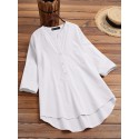 Solid Button Pocket High-Low Hem Casual Cotton Blouse