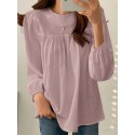 Solid Casual Keyhole Back Long Sleeve Crew Neck Blouse