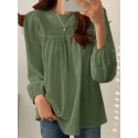 Solid Casual Keyhole Back Long Sleeve Crew Neck Blouse