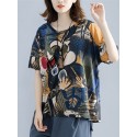 Women Multi Printing Round Neck Half Sleeve Casual Loose Blouses