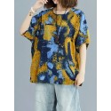 Women Multi Printing Round Neck Half Sleeve Casual Loose Blouses