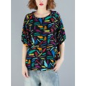 Women Multi Printing Round Neck Half Sleeve Casual Loose Blouses