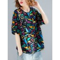 Women Multi Printing Round Neck Half Sleeve Casual Loose Blouses