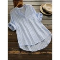 Women Stripe V-neck Buttons 3/4 Fold Sleeve Irregular Blouse