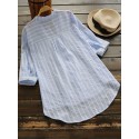 Women Stripe V-neck Buttons 3/4 Fold Sleeve Irregular Blouse