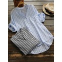 Women Stripe V-neck Buttons 3/4 Fold Sleeve Irregular Blouse
