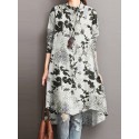 Women Floral Printed Knee Length High Low Stand Collar Button Cuffs Shirts