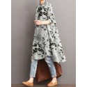 Women Floral Printed Knee Length High Low Stand Collar Button Cuffs Shirts