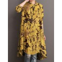 Women Floral Printed Knee Length High Low Stand Collar Button Cuffs Shirts