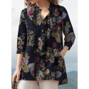 Women 100% Cotton V-Neck Floral Top Vintage Button Cuffs Three Quarter Sleeve Shirt