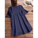 Women Pure Color High聽Low Hem Button Down Short Sleeve Blouse
