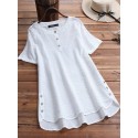 Women Pure Color High聽Low Hem Button Down Short Sleeve Blouse