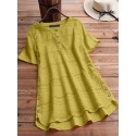 Women Pure Color High聽Low Hem Button Down Short Sleeve Blouse