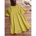 Women Pure Color High聽Low Hem Button Down Short Sleeve Blouse