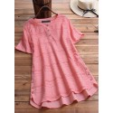 Women Pure Color High聽Low Hem Button Down Short Sleeve Blouse