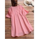 Women Pure Color High聽Low Hem Button Down Short Sleeve Blouse