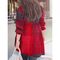 Women Plaid Puff Sleeve Loose Splicing O-neck Pleated Plain Casual Blouses