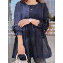 Women Plaid Puff Sleeve Loose Splicing O-neck Pleated Plain Casual Blouses