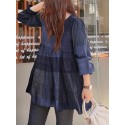 Women Plaid Puff Sleeve Loose Splicing O-neck Pleated Plain Casual Blouses