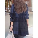 Women Plaid Puff Sleeve Loose Splicing O-neck Pleated Plain Casual Blouses