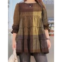 Women Plaid Puff Sleeve Loose Splicing O-neck Pleated Plain Casual Blouses