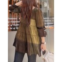 Women Plaid Puff Sleeve Loose Splicing O-neck Pleated Plain Casual Blouses