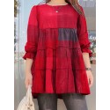 Women Plaid Puff Sleeve Loose Splicing O-neck Pleated Plain Casual Blouses