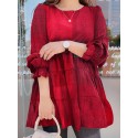 Women Plaid Puff Sleeve Loose Splicing O-neck Pleated Plain Casual Blouses